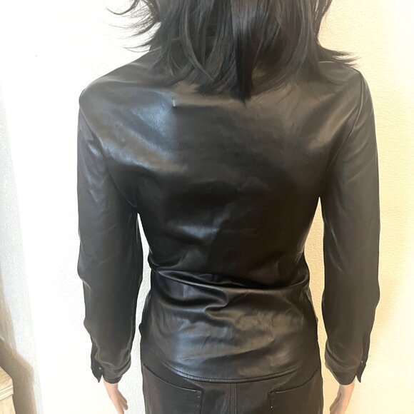 Zara Ruched Front Faux Leather Black Blouse Top Size XS Button Front - Picture 4 of 9